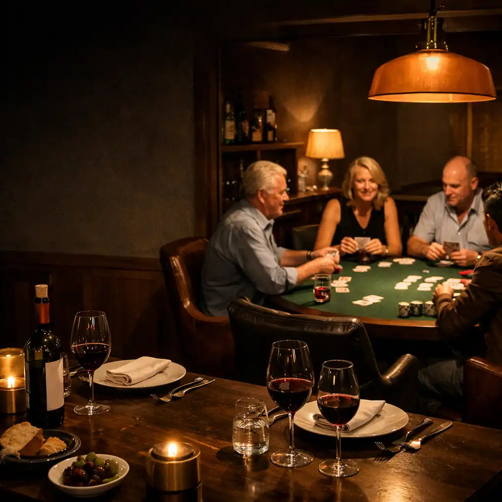 A refined dining table with a green-felt card table and social card players beyond it.