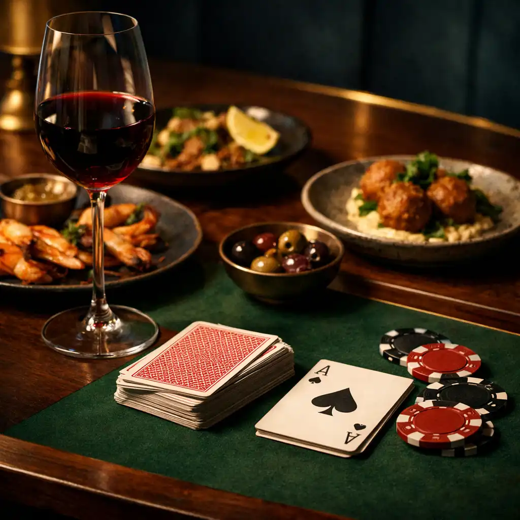 Playing cards, chips, wine and shared dining plates on a dark table