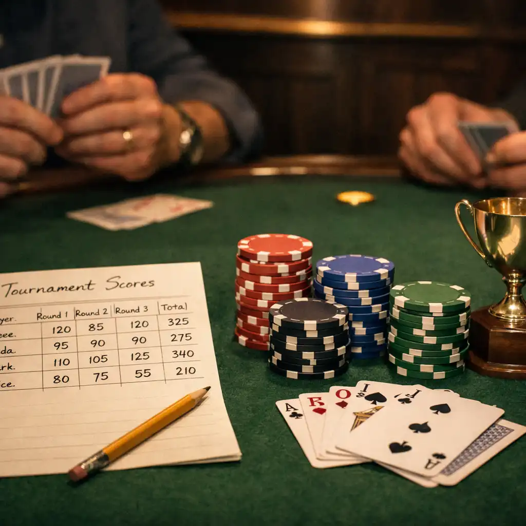 Tournament chips, classic cards, a points sheet and adult hands on a green felt table.