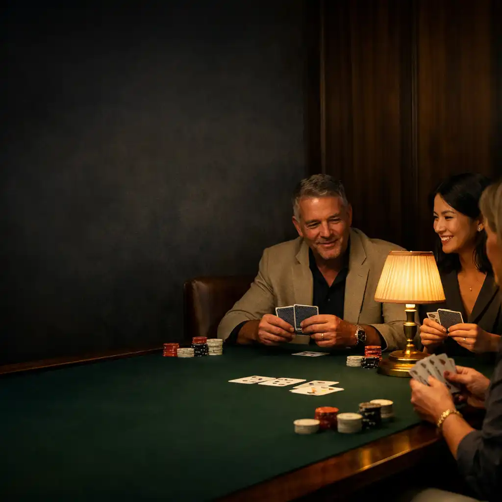 Adults gathered around a green felt table in a warmly lit offline card lounge