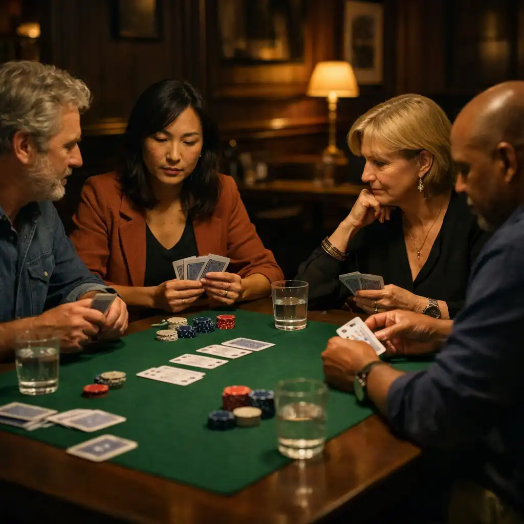 A small group of adults enjoying classic cards at a shared dining-table setting with a green felt insert.
