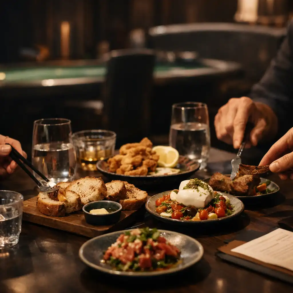 Guests' hands sharing a meal at a dark timber dining table