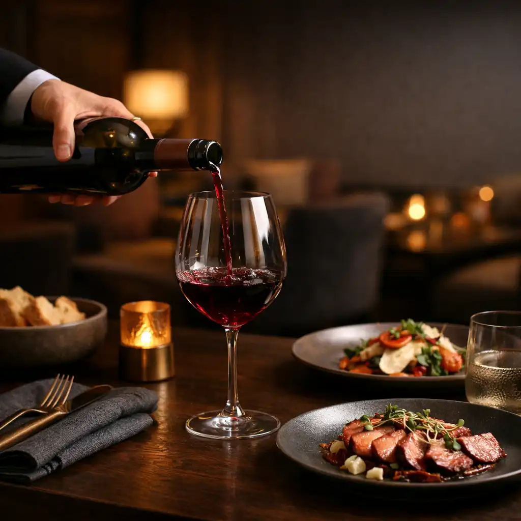 Wine being poured beside a composed dining table in a warmly lit venue