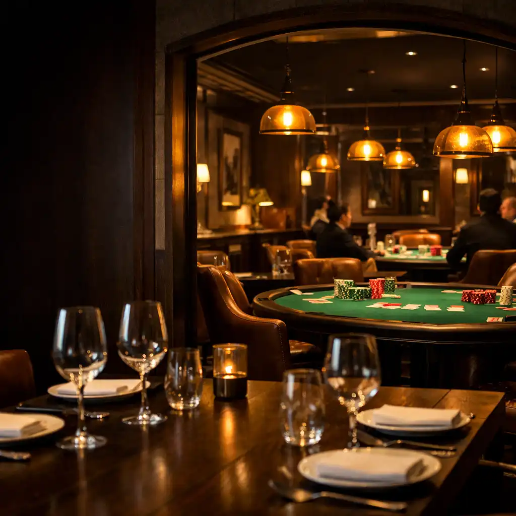 Dining table leading into a warm offline poker card lounge with green felt tables