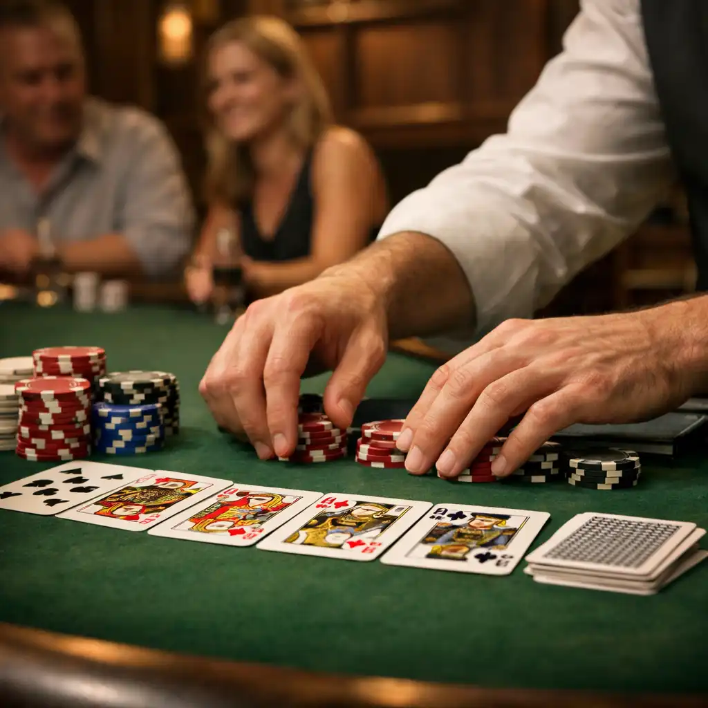 Dealer hands arranging cards and tournament chips on a green felt poker table
