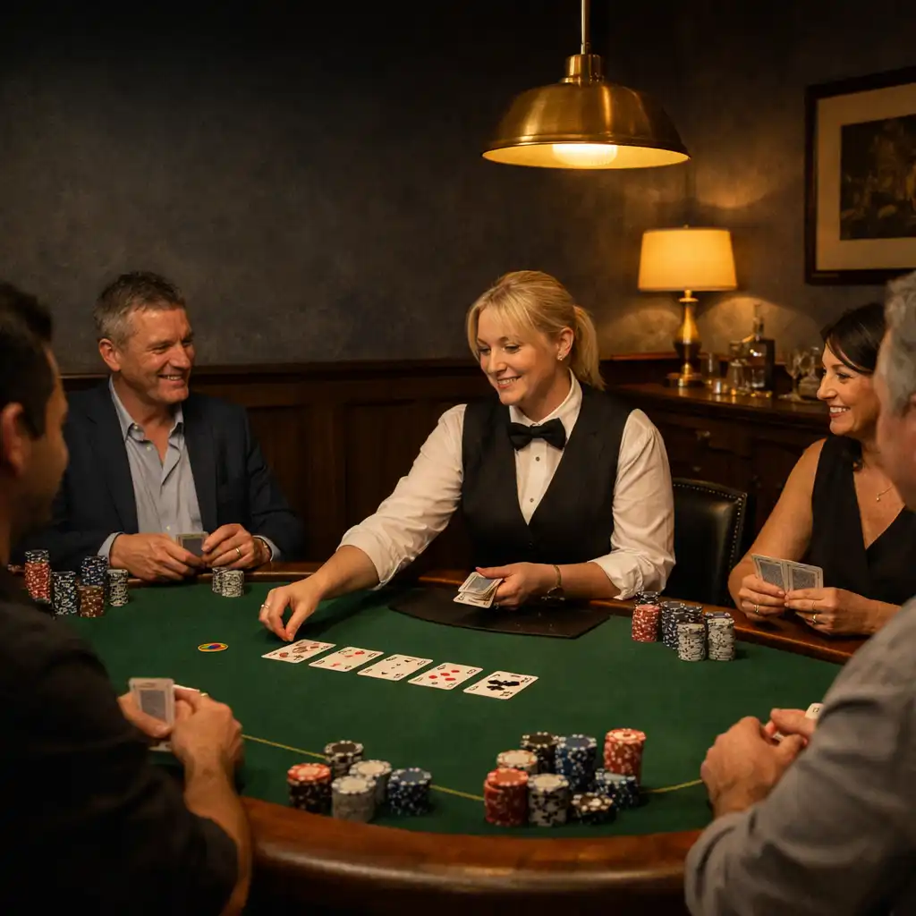 Guests gathered around a green felt poker table in the offline card lounge