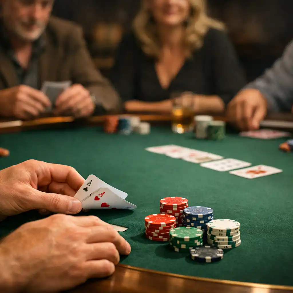 Hands arranging cards and coloured chips on a green-felt table during an offline social game.