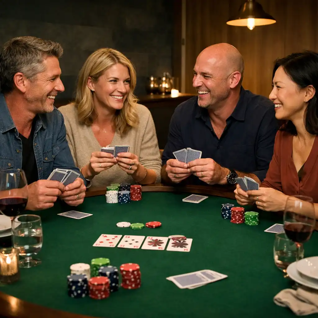 Friends enjoying a classic card game around a felt-covered table after dinner