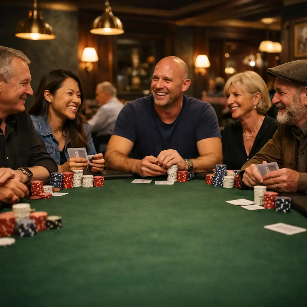 Adults gathered around a green felt poker table with cards and social tournament chips