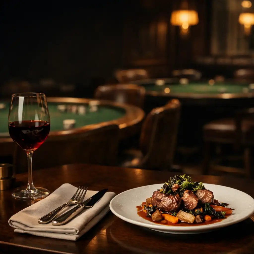 Plated dining table with wine beside a softly blurred green-felt card lounge