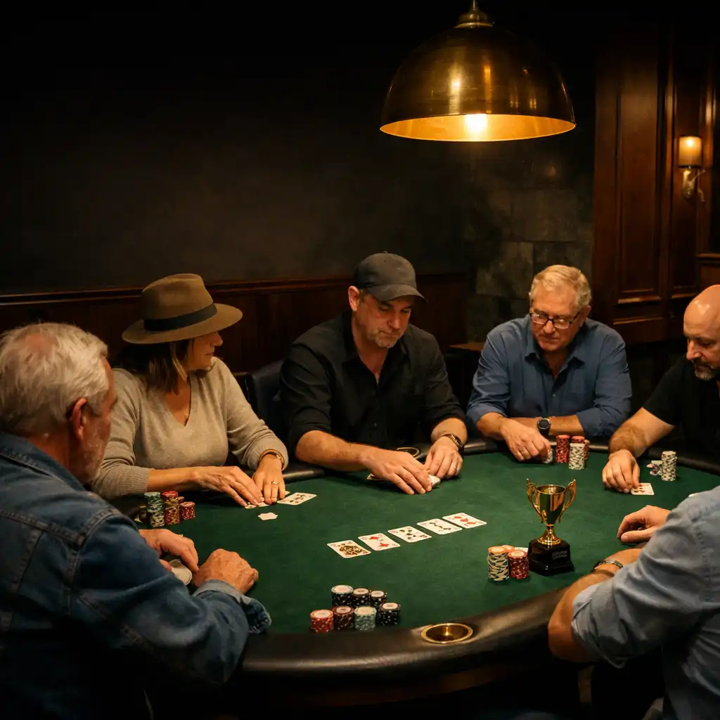 Adults gathered around a green felt table with cards, tournament chips and a small trophy in a warmly lit card room.