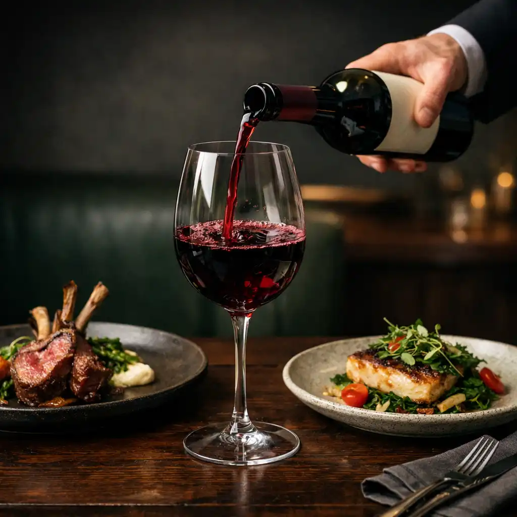 Wine being poured beside carefully plated dishes in a dark dining room