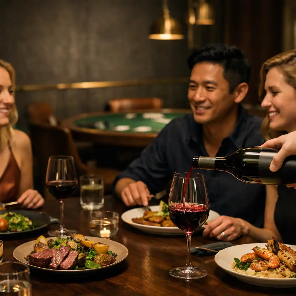 Friends sharing dinner while red wine is poured at a dark timber table, with a card table softly visible behind.