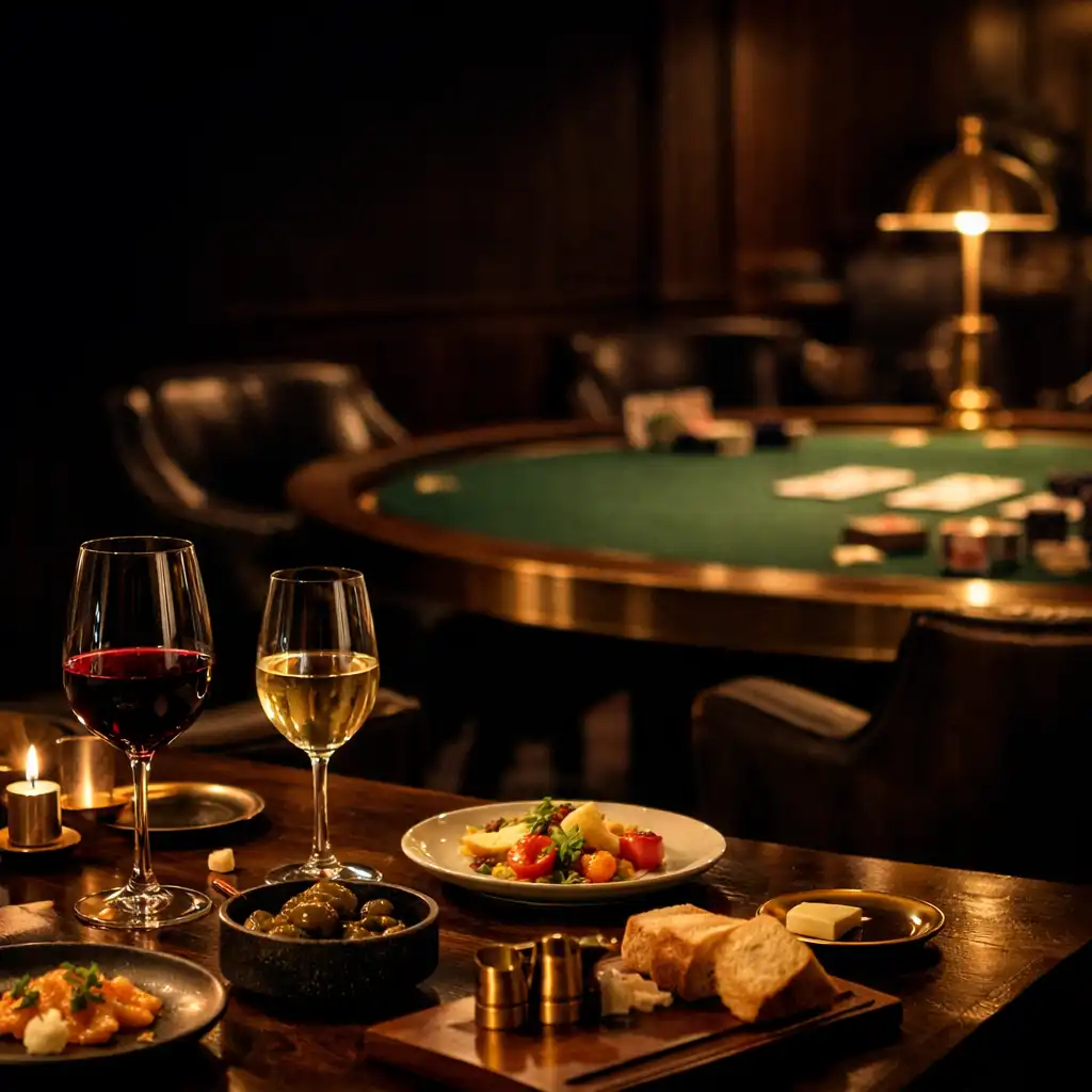 Wine glasses and seasonal shared plates on a dark timber dining table beside a green felt card-lounge detail.