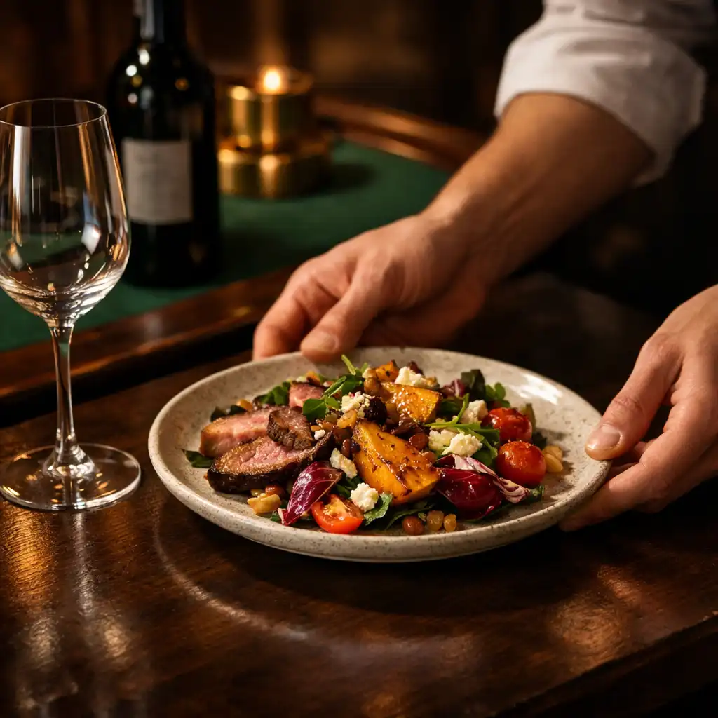 Hands placing a shared plate beside a poured wine glass on a dark timber table with warm brass-toned light.