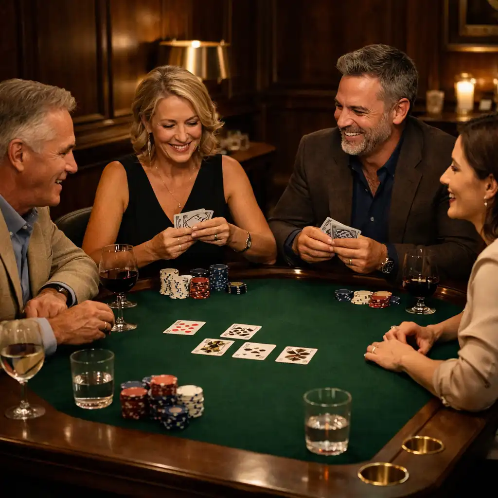 A small adult group gathered around a refined green felt card-room table with cards, social-play chips, and wine glasses.
